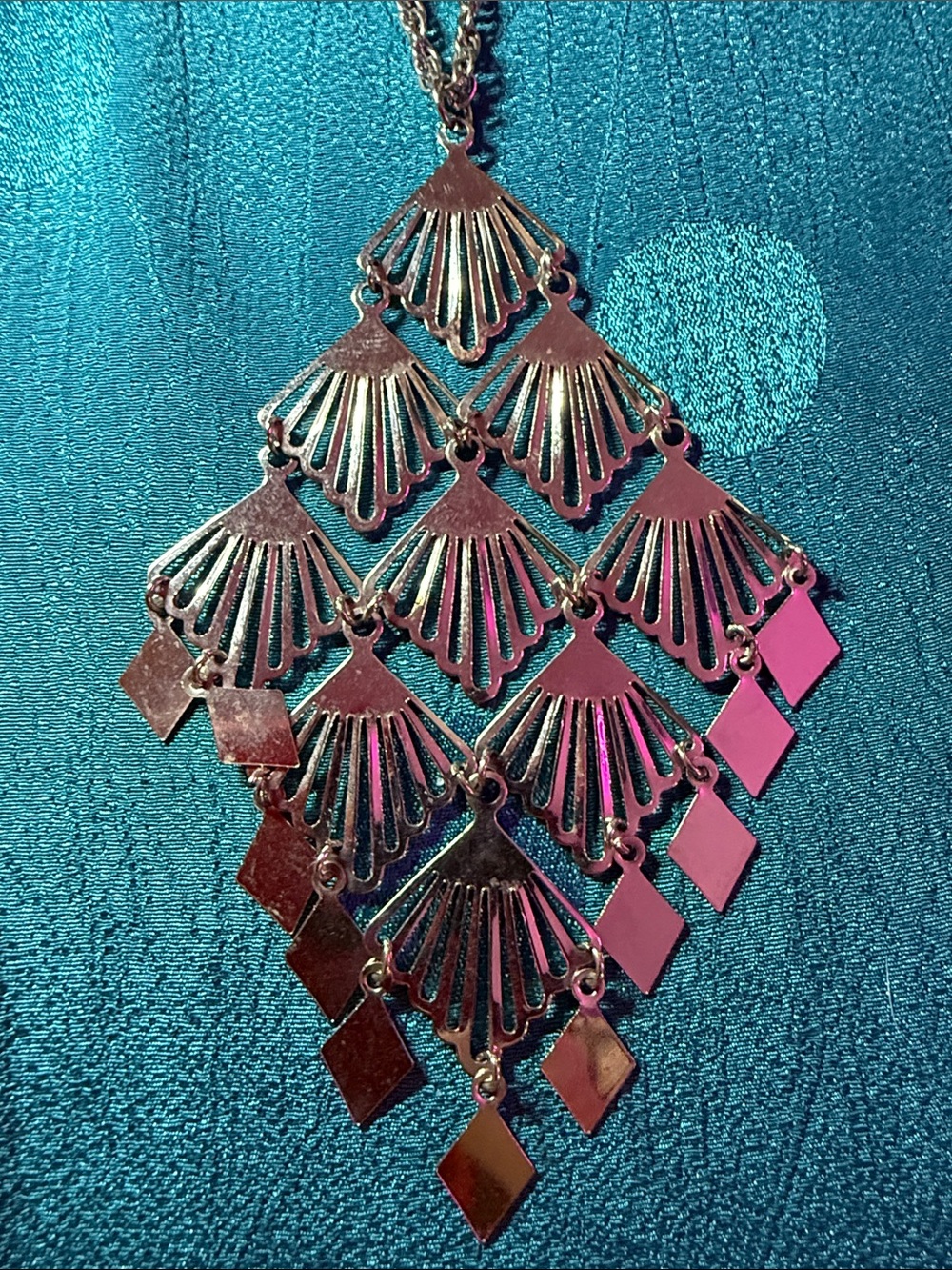 Silver-Tone Geometric Fan Drop Necklace - Pink Accents